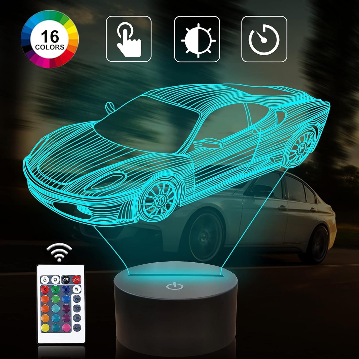 Attivolife Car 3D Gifts Lamp, Rally Vehicles Illusion Optical Night Light 16 Colors Changing with Remote Control, Kids Bedroom Decor Birthday Gift Present for Sports Racing Lover Children Boy Men
