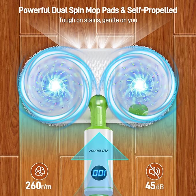 AlfaBot Cordless Electric Mop, Electric Mop Floor Cleaner with LED Headlight & Water Sprayer, Up to 60 Mins, Self-Propelled with Big Water Tank for Multi-Surface