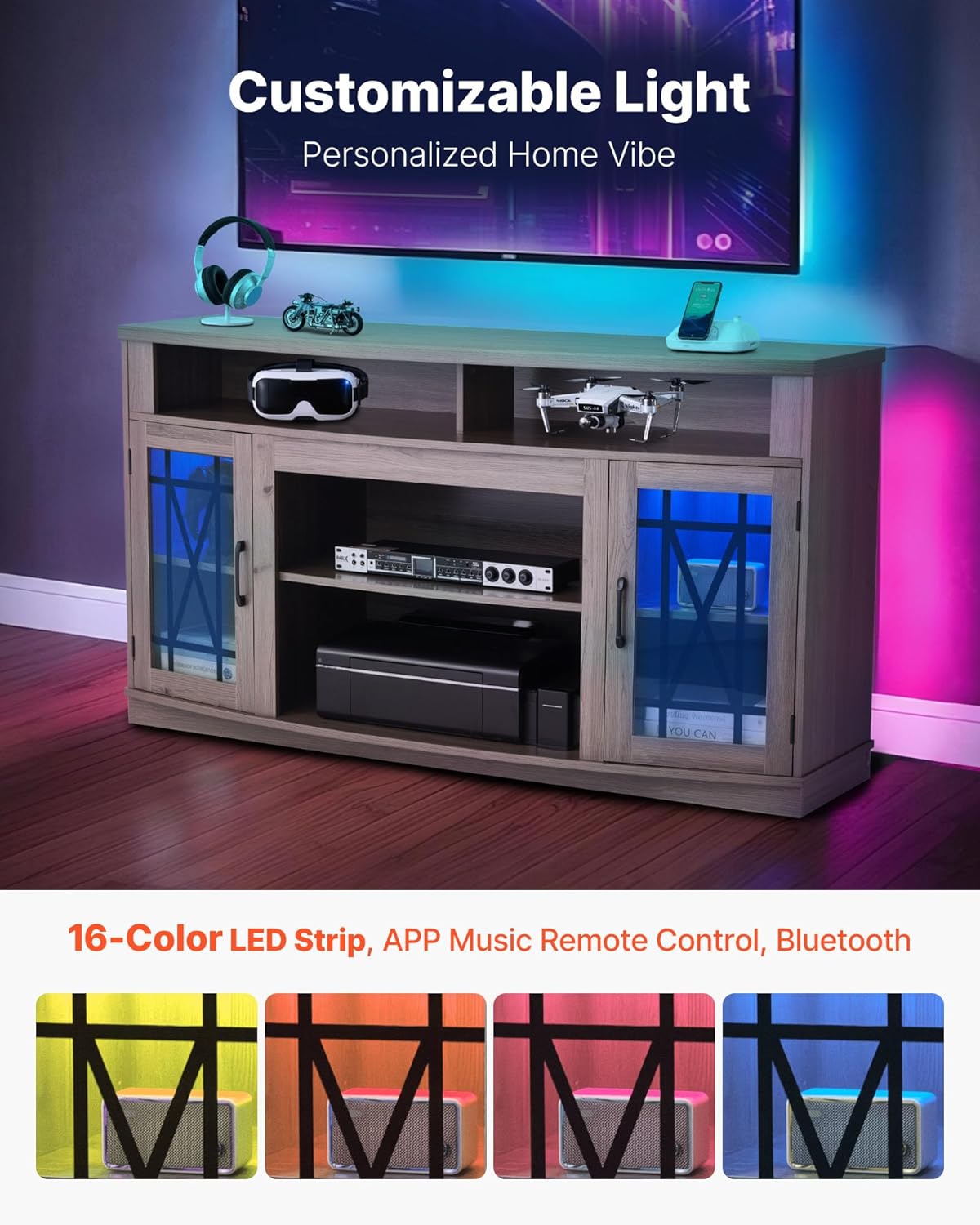 VEVOR TV Stand for TVs up to 65 inch, Farmhouse Entertainment Center with Light Strip, Wooden TV Cabinet Storage with Glass Doors and Adjustable Shelves, Console Table for Living Room, Bedroom, Gray