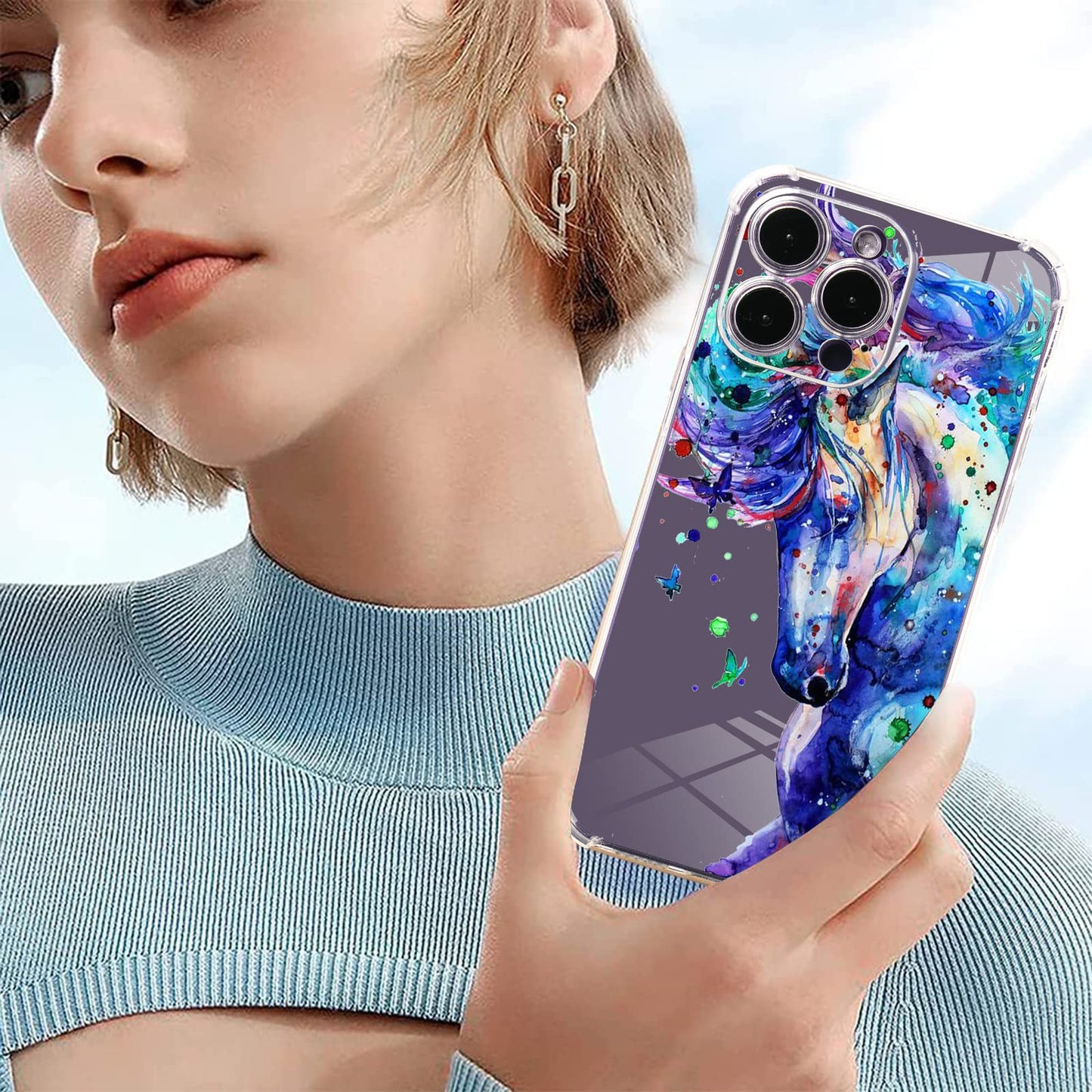 Roemary Purple Case For Iphone 12 Mini With Blue Horse Design,Watercolor Pattern With Screen Protector [Buffertech 6.6 Ft Drop I
