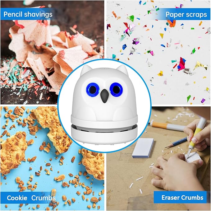 Desk Vacuum Cleaner Mini Desktop Vacuum for Office Table Mini Vacuum Cleaner Sweeper for Cleaning Crumbs Eraser Crumbs Dust Pencil Paper Scraps Pet Hair Owl Vacuum Cordless