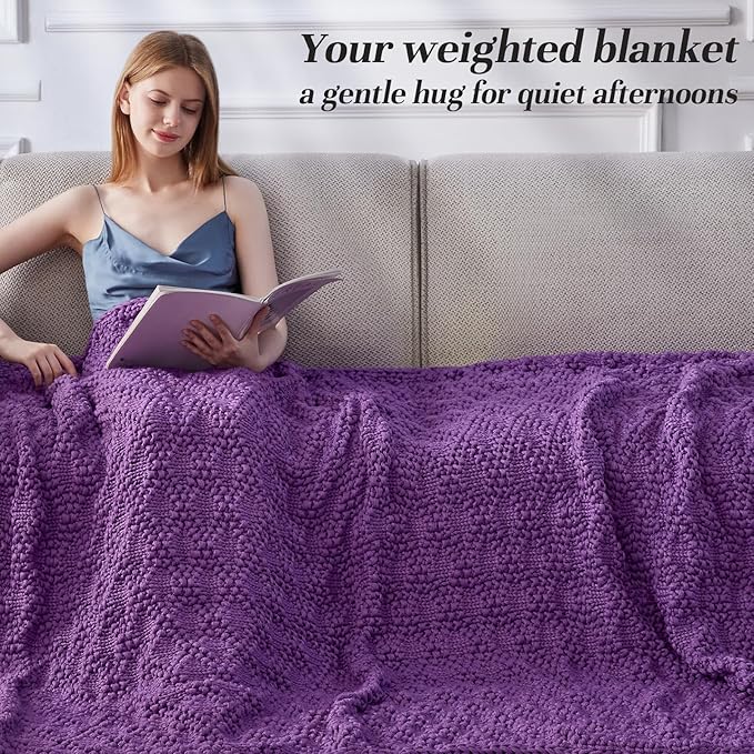 Knitted Weighted Blanket for Adult, Chunky Knit Weighted Throw for Sleep 50"*60" 7lbs, Cooling Breathable Heavy Blanket for Hot Sleepers, Machine Washable Blanket for Room Decor(Purple)