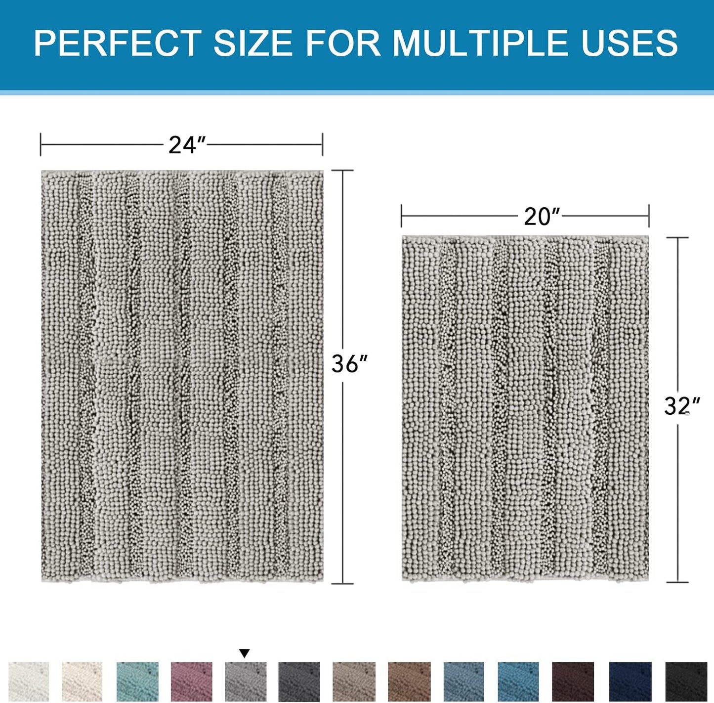 H.VERSAILTEX 2 Piece Bathroom Set - Super Absorbent Chenille Striped Bath Mats, Non Skid, Machine Washable (Dove Grey, 24 x 36 Plus 20 x 32 - Inches)