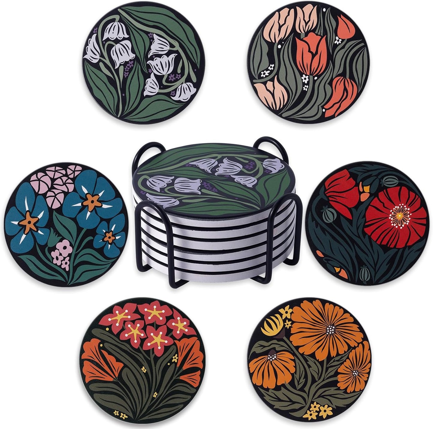 Coasters Absorbent Ceramic Coaster Drink Coasters with Cork Back Beautiful Artistic Flowers Set of 6 Round Coaster Non Slip for Coffee Table Wine Glass Home Bar 4 Inch, Colorful