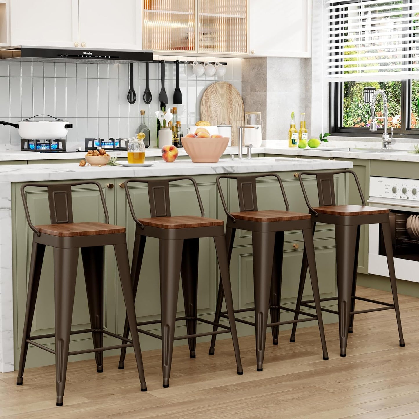 WENTMENT Bar Stools Set of 4 Counter Height Bar Stools Metal Barstools with Removable Back 26" Kitchen Bar Stools with Wooden Seat, Rusty