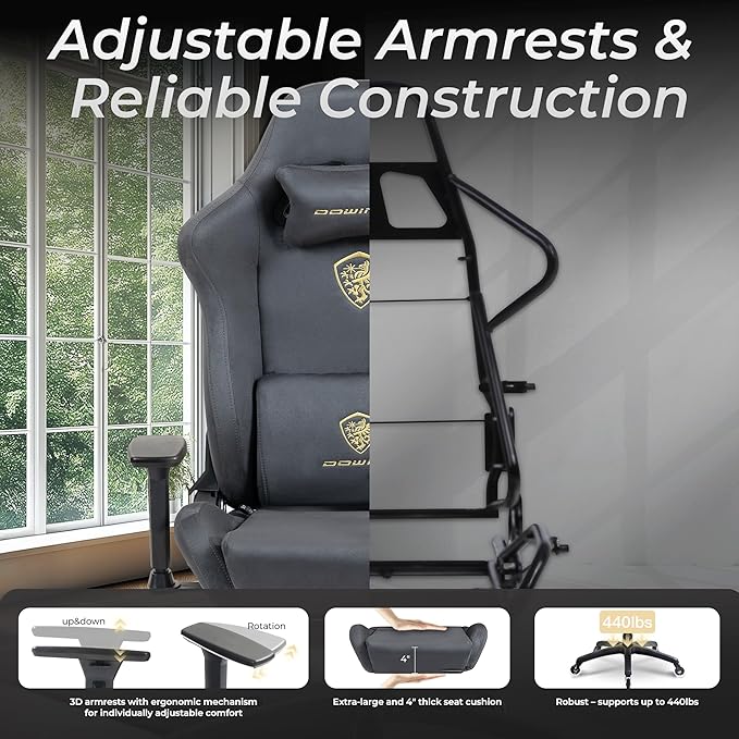 Dowinx Big and Tall Gaming Chair with Suede Fabric Breathable, Game Chairs for Adults with Oversized Thick Seat for 440lbs, Ergonomic Gamer Chair for Streaming & Long Gaming Sessions, Grey