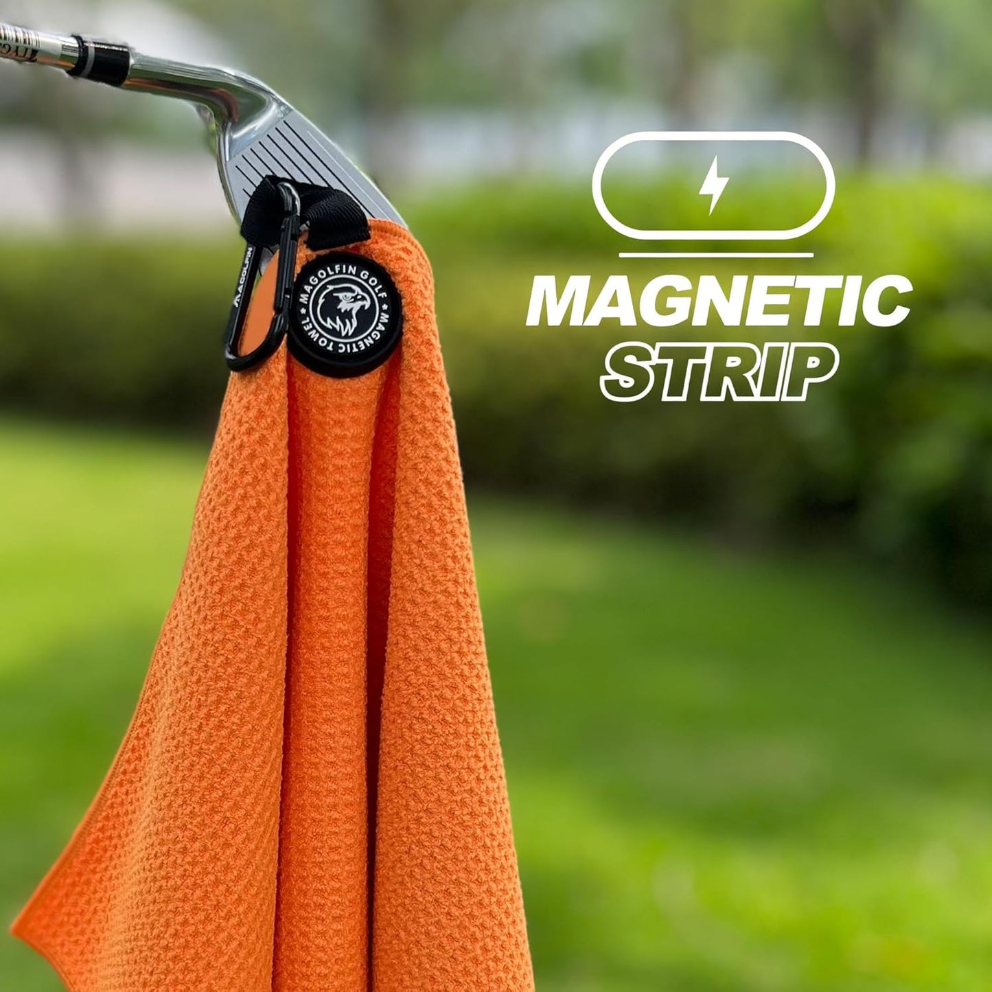 Magnetic Golf Towel with Clip, Microfiber Waffle Design - Industrial Strength Magnet for Strong Hold to Golf Bags, Carts & Clubs - Orange