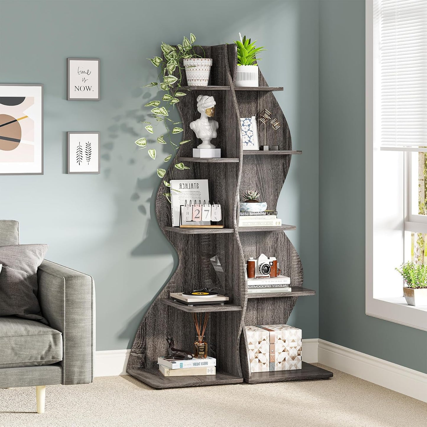 Tribesigns Corner Shelf, Modern 5-Tier Wall Corner Bookshelf, Stylish Corner Small Bookcase Storage Rack Plant Stand with Unique Shape for Living Room, Home Office, (1PC, Gray)