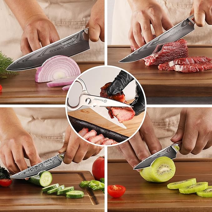 Sunnecko Damascus Kitchen Knife Set 5 Piece, Sharp Chef Knife Set with Kitchen Scissors, Professional Kitchen Knives Sets Full Tang with Gift Box