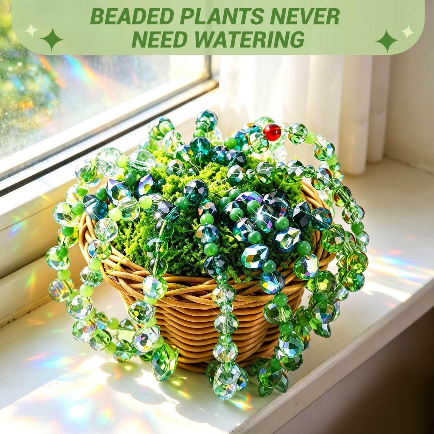 Wurosi 853 PCS Green Beaded Plant Kit with Rattan Basket, Green Beads for Beaded Plants with Hanging Chain and Video Manual, Forever Plant Beaded Making Kit for Jewelry Making and DIY Crafts