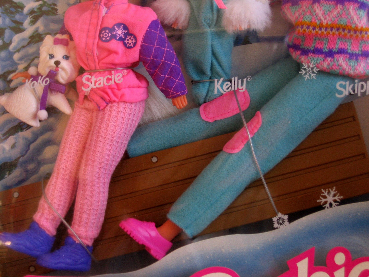 BARBIE WINTER HOLIDAY Set SLEDDING FUN w 4 DOLLS (Skipper, Kelly, Stacie & Barbie), Koko (Dog), SLED & More (1995)