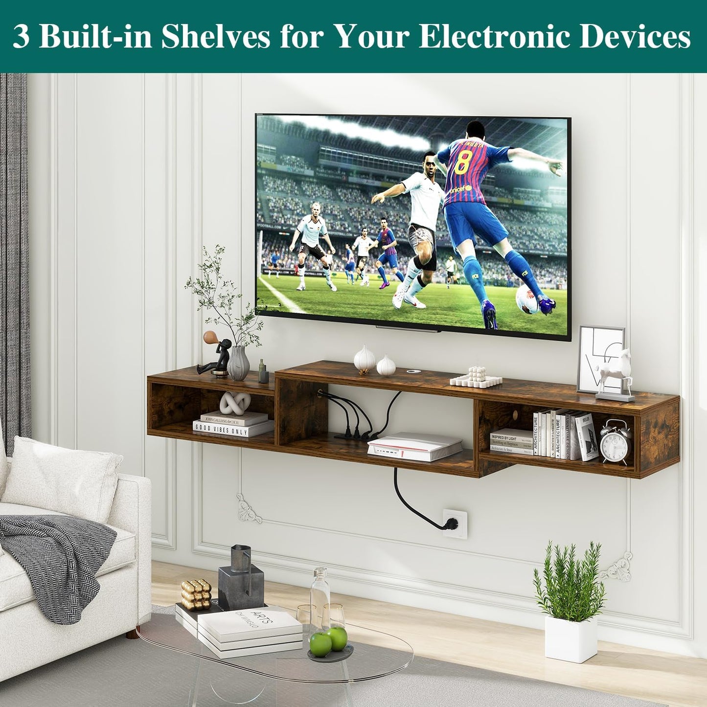 IBUYKE 71" Floating TV Stand Wall Mounted with Power Outlet,Wood Wall Mounted Media Console Shelf,Floating Entertainment Center for Under TV Storage for Living Room Bedroom Office,Rustic Brown WST008H