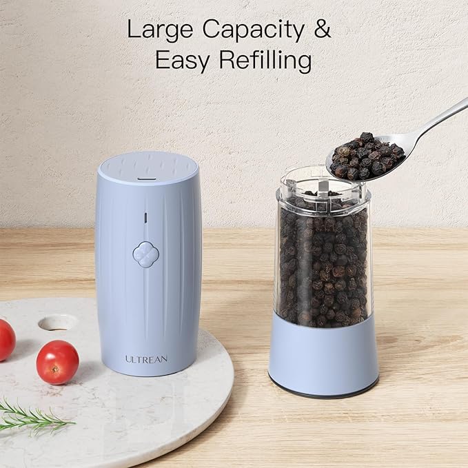 Ultrean Pepper Grinder, Rechargeable Salt and Pepper Shakers, Automatic Grinder for Kitchen,6 Adjustable Coarseness, LED Light, Christmas Gifts, Sky Blue