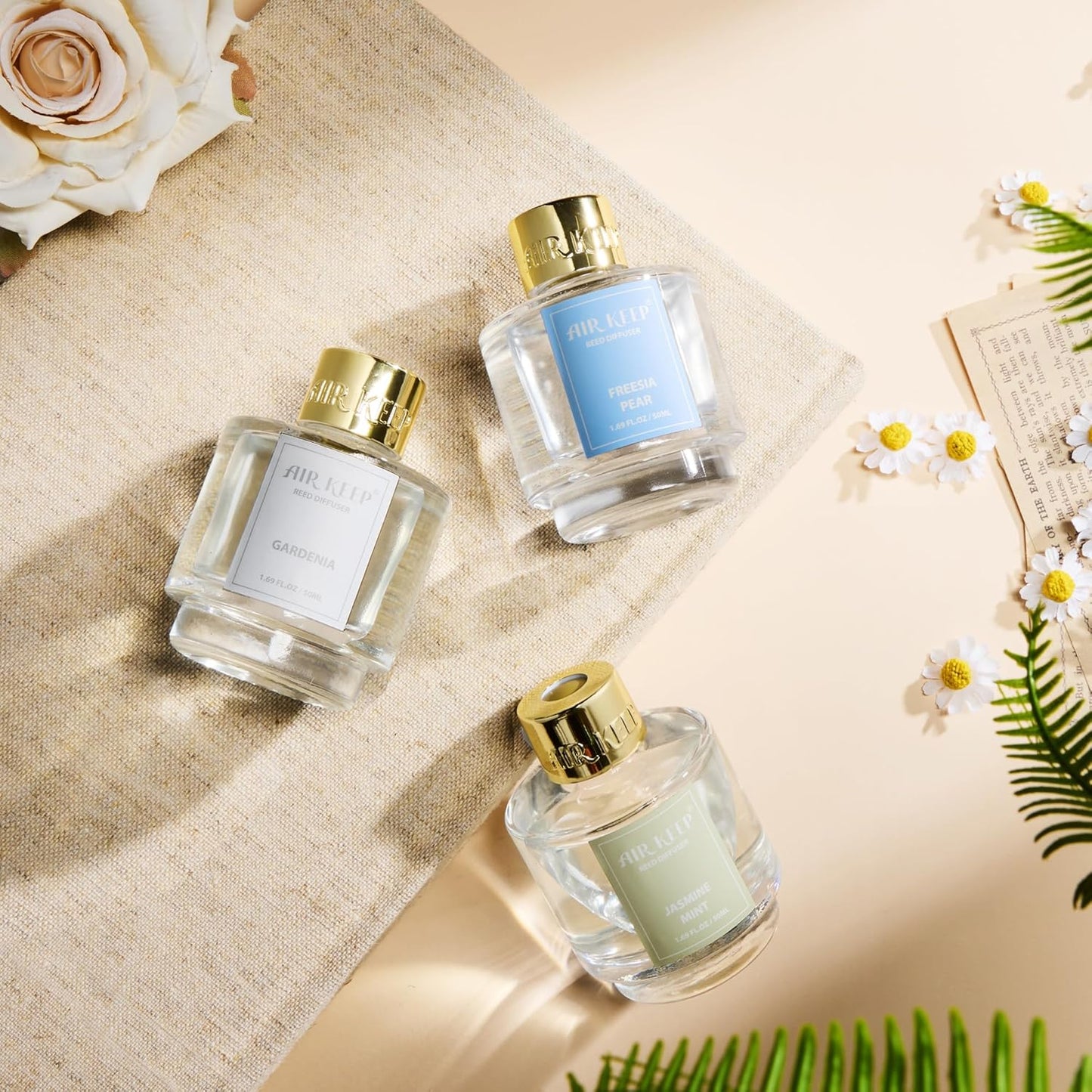 Airkeep Reed Diffuser Set of 3, Jasmine Mint Gardenia Freesia Pear Oil Reed Diffusers for Bedroom Living Room Office Aromatherapy Oil Reed Diffuser for Gift 50ml x 3