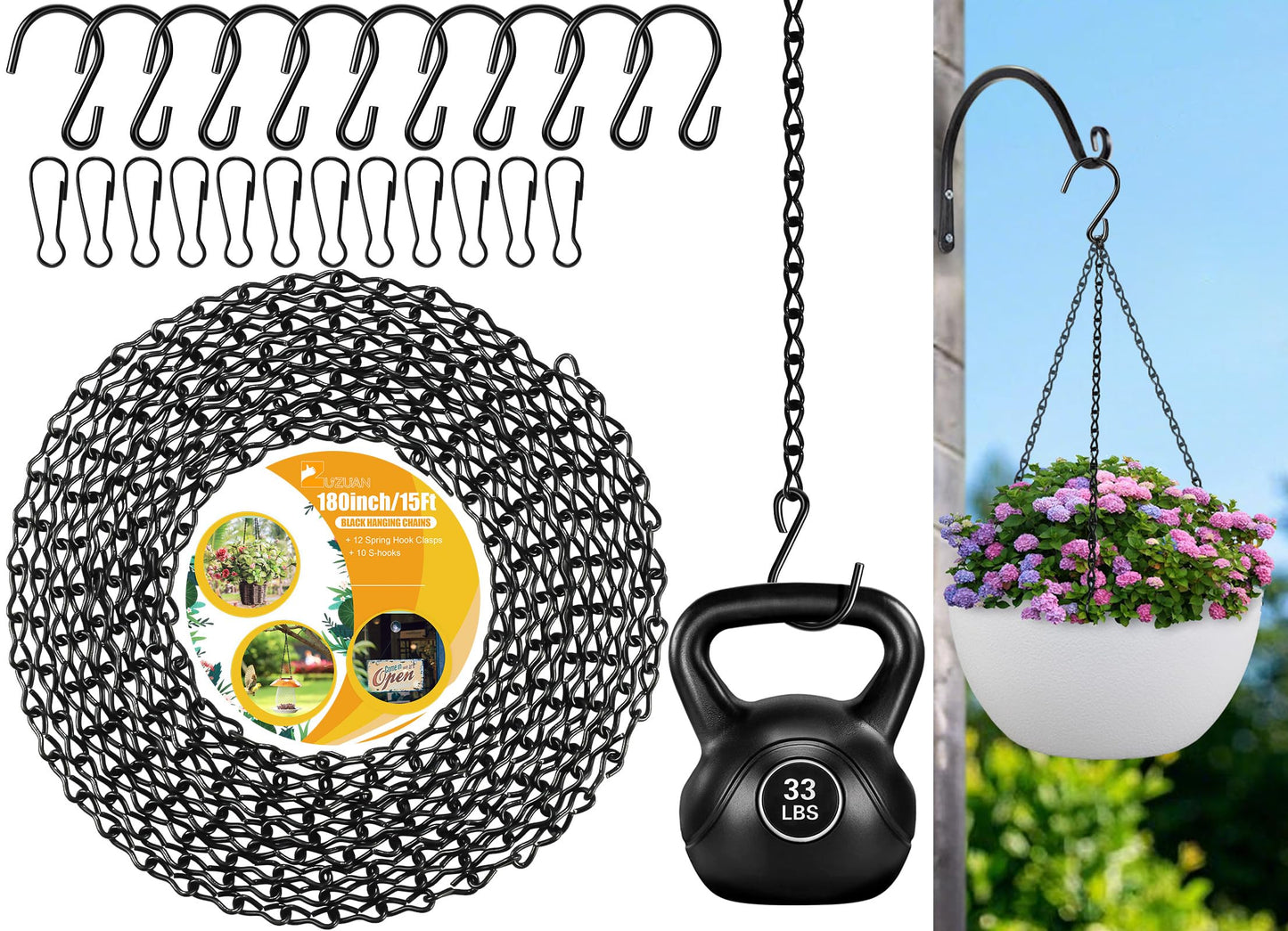 ZUZUAN Upgraded 180”Heavy Duty Metal Hanging Chains with Hanging Basket Hooks Set for Planters,Birdcage,Birds Feeder,Grow Lights,Lanterns,Billboards,Wind Chime and Ornaments,Chain Hooks DIY,Black