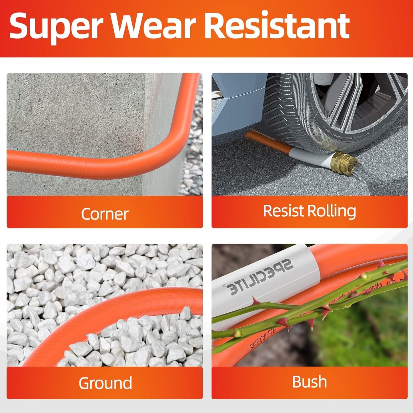 SPECILITE Garden Hose 50 ft x 5/8 in Heavy Duty, Flexible and Lightweight Water Hose, Burst 600 psi, Kink-less Hybrid Rubber Hose for Backyard, 3/4'' Brass Fittings