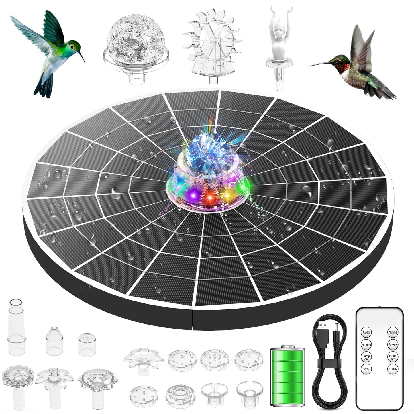 AISITIN 9W Solar Fountain Pump 2026, Solar Water Fountain Kit with 6600mAh Rechargeable Battery & 14 Nozzles & Charging Cable & Remote Control & 11 Colorful LED Lights for Garden Pond Pool Outdoor