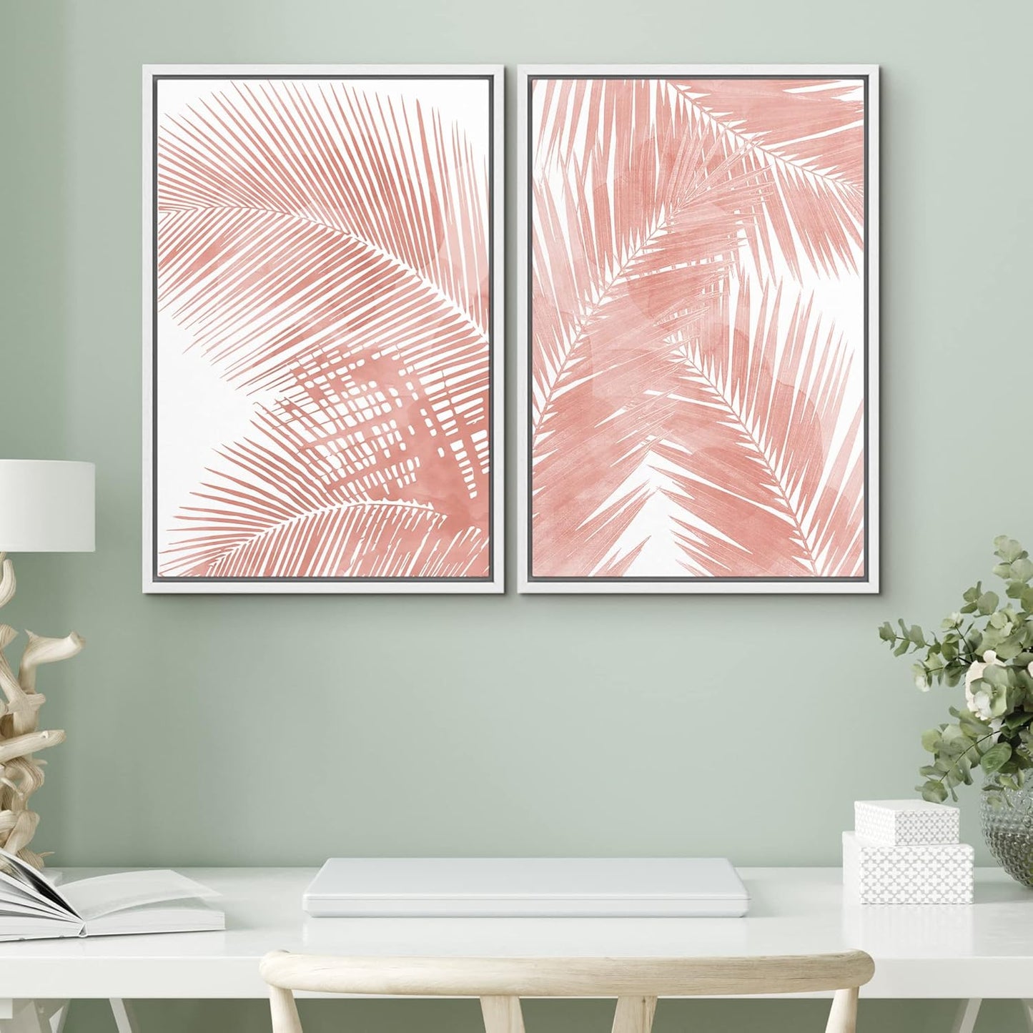 SIGNWIN Framed Canvas Print Wall Art Set Tropical Red Pastel Palm Leaf Plants Nature Wilderness Illustrations Modern Art Decorative Rustic Chic for Living Room, Bedroom, Office - 16"x24"x2 White