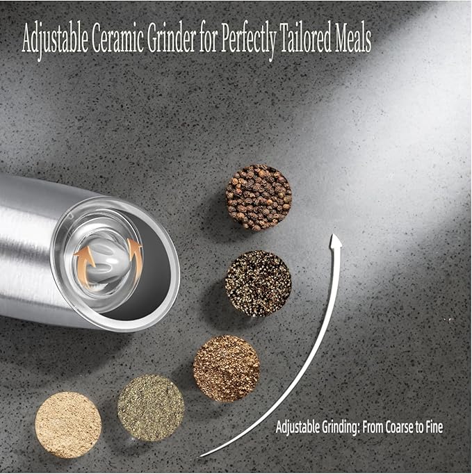 Electric Salt & Pepper Grinder,Spice Grinde USB-Rechargeable with Gravity-Activated LED Light, 150ml Silver Model for Kitchen Cooking, Travel, and Gatherings