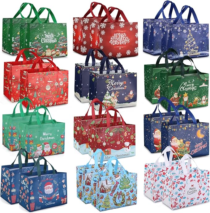 24PCS Christmas Tote Treat Non-Woven Gift Bags with Handles for Gifts Wrapping Shopping, Xmas Party Supplies, 12.8 * 9.8 * 6.7inch