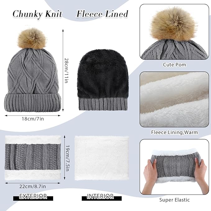 SATINIOR 5 Pcs Winter Hat Scarf Gloves Set Fleece Warm Lined Knit Beanie Hat Touch Screen Earmuff Gloves Warmer for Women(Grey,Stylish Style)
