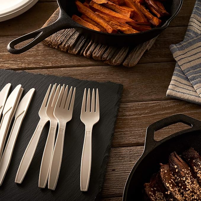 250 Piece (50 Sets) Biodegradable Paper Plates Set (EXTRA LONG UTENSILS), Disposable Dinnerware Set, Eco Friendly Compostable Plates & Utensil include Plates, Bowls, Forks, Knives and Spoons