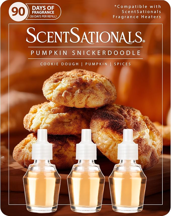 Scentsationals Fragrance Oil Plug In Air Freshener Refills 3-Pack - Pumpkin Snickerdoodle - Works with Scentsationals Wall Plugs, Long-Lasting Home Fragrance, 0.8 fl oz Each, Packaging May Vary