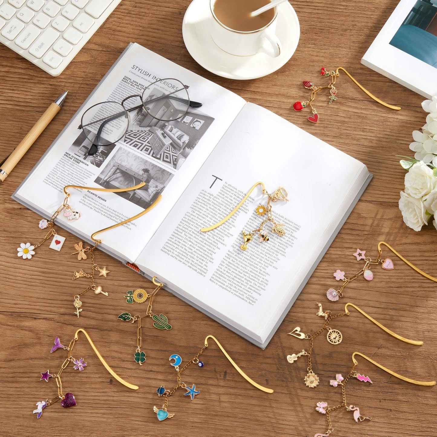 Tudomro 250 Pcs Metal Bookmarks Making Kit, DIY Metal Bar Bookmark Kit, DIY Craft Supplies with Charms, Jump Rings, Chains and Tools, Jewelry Making for Custom Bookmark Crafts (Cute)