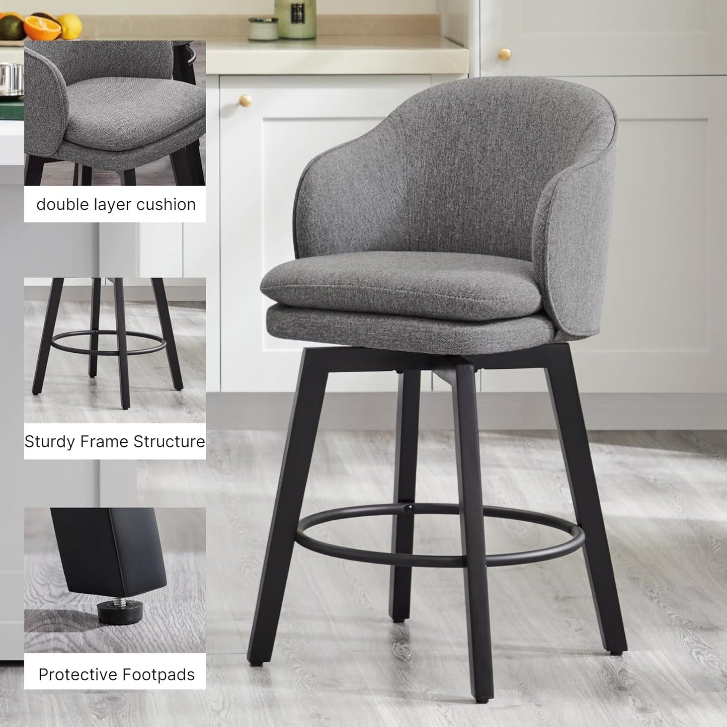 Counter Height Barstools 26 inch Upholstered Swivel Bar Stools with Back and Wood Legs for Kitchen Island,Set of 4,Dark Grey Fabric