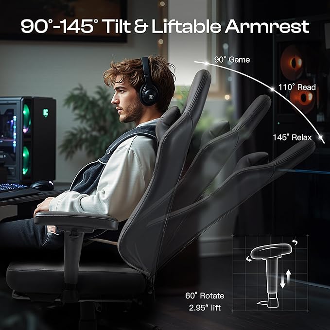 Dowinx Gaming Chair with Pocket Spring Cushion, Massage Gamer Chair Pu Leather with Lumbar Support, Ergonomic Computer Office with Footrest 300lbs for Adult, Black Grey