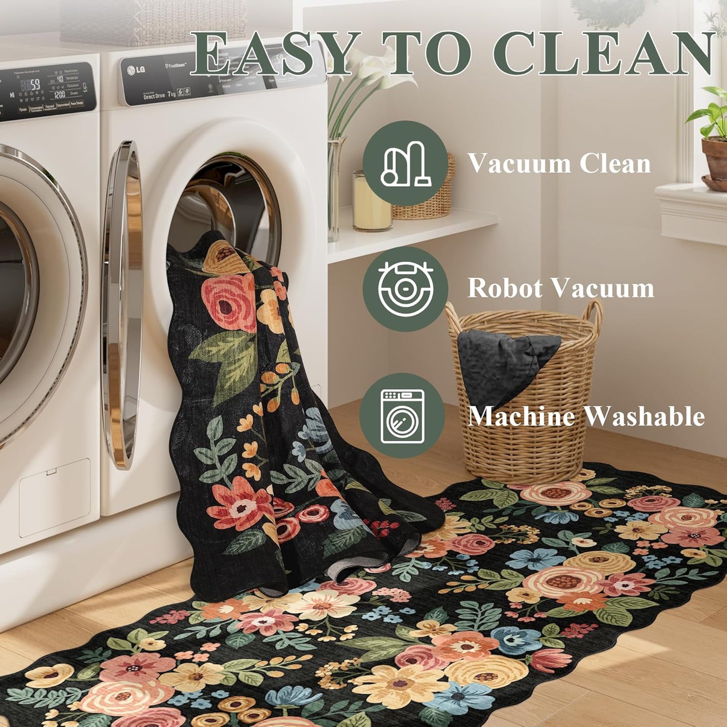 DUKINO 4x6 Area Rug, Floral Non-Slip Indoor Washable Rug with Low Pile & Non-Shedding, Lightwight Boho Design Carpet for Entryway, Bedroom, Kids Room, Living Room, Kitchen, Black