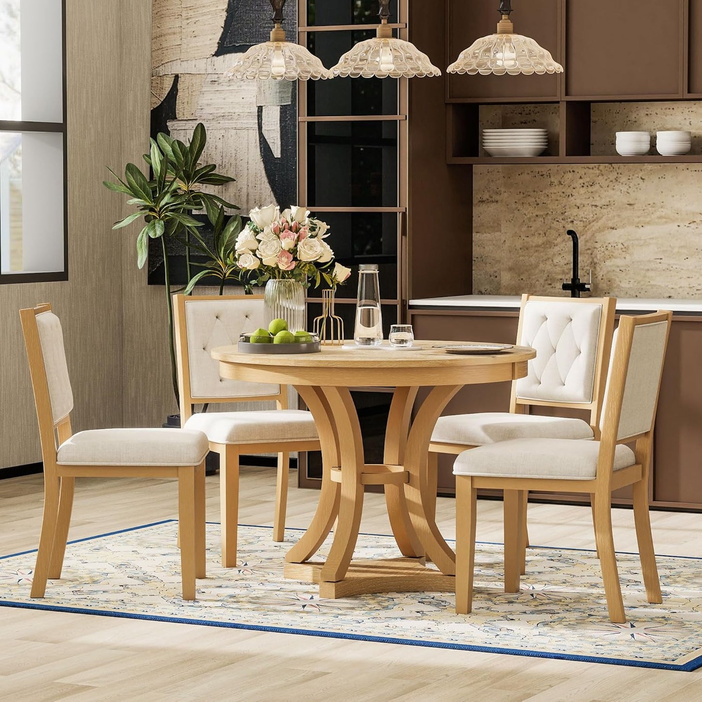 Ball & Cast Retro Dining Table Set for 4 with 4 Upholstered Chairs,5-Piece Wooden Living Room Furniture W/ 42" Round Extendable Kitchen Desk,for Small Space,Apartment,Dining Room,Natural