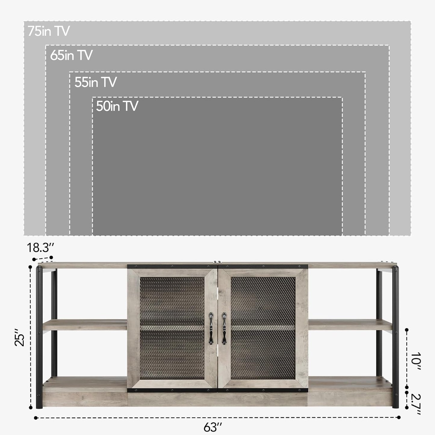 Farmhouse TV Stand for 65+ Inch TV, Industrial TV Cabinet, Entertainment Center with Double Mesh Doors and Storage Cabinet, Rustic TV Cabinet, TV Console Table Media Cabinet for Living Room, Grey