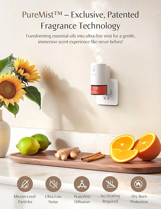 SF101S Smart Wi-Fi Waterless Plug-in Air Freshener, 100% Plant-Based Ultrasonic Diffuser, Adjustable 120-Day Scent Air Mist, Covers 100㎡ for Home, Hotel-Peach Star Aura