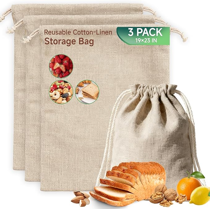 Simple&Opulence 3-Pack 19” x 23” Linen Cotton Drawstring Bags Reusable Grocery Sacks, DIY Craft Sachet Sacks Storage Cloth Bags for Party Wedding Home Bulk Produce Bags, Washable, Natual Linen