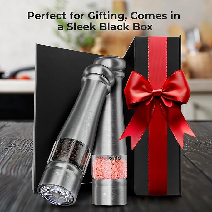 Electric Salt and Pepper Grinder Set, Automatic Battery Operated Salt and Pepper Shakers set with LED Light, Adjustable Coarseness, One Hand Operation, Refillable Grinder Set