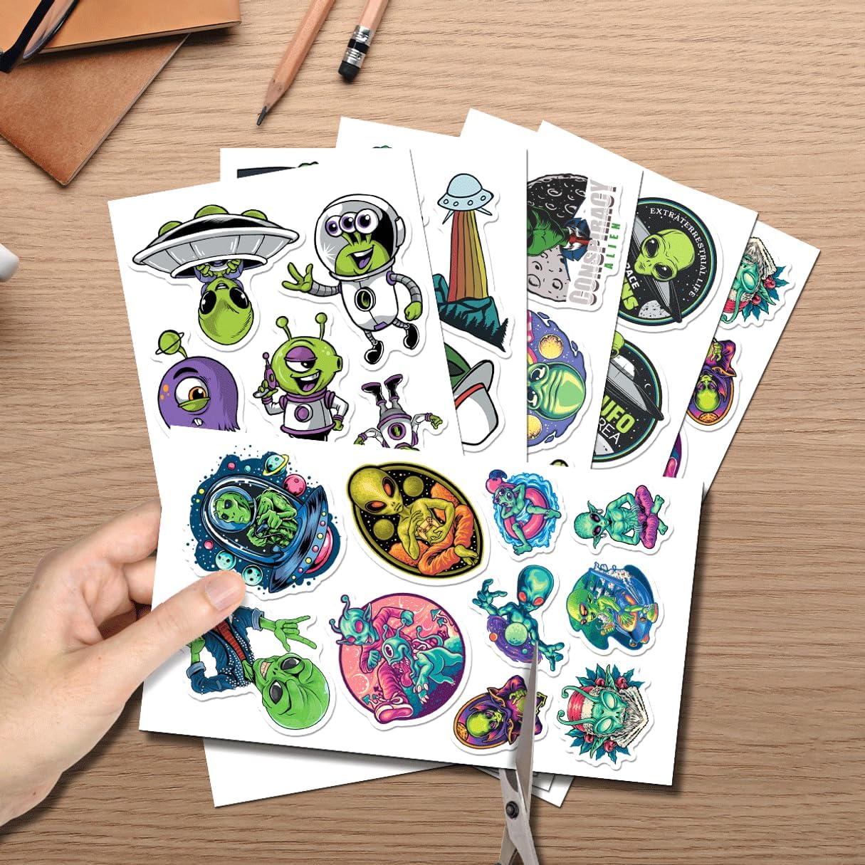 Alien UFO Space Illustration Vinyl 50pcs Stickers Pack for Kids Teens Laptop Water Bottle Skateboard Scrapbook SciFi Lovers Bedroom Hard Car Bottles Hat Adults Wall