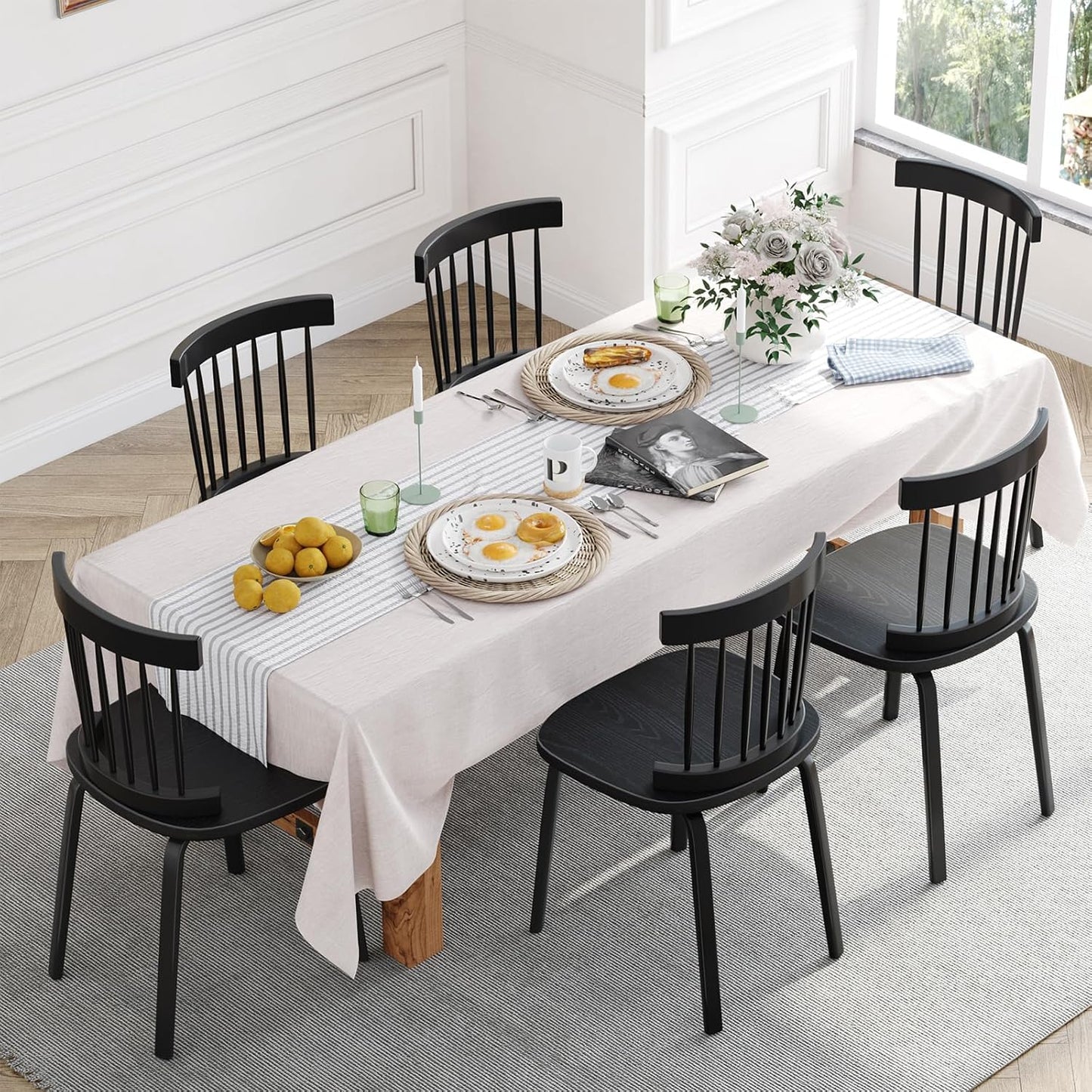 Unovivy Black Dining Chairs Set of 6, Wooden Windsor Chairs, Farmhouse Kitchen Chairs, Black Spindle Chair for Dining Room, Restaurant