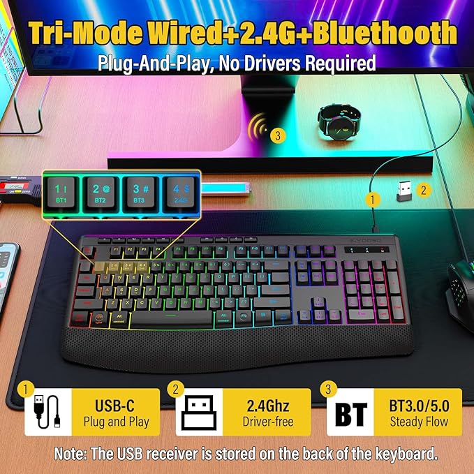 Premium Wireless Bluethooth Versatile Keyboard,8 RGB Backlit light up,Silent Touch Less Noise 95%,Ergonomic Wrist Rest,Wired Rechargeable,Tri-mode BT5.0/2.4GHz/USB C,Ideal For Gaming/PC Computer/Mac