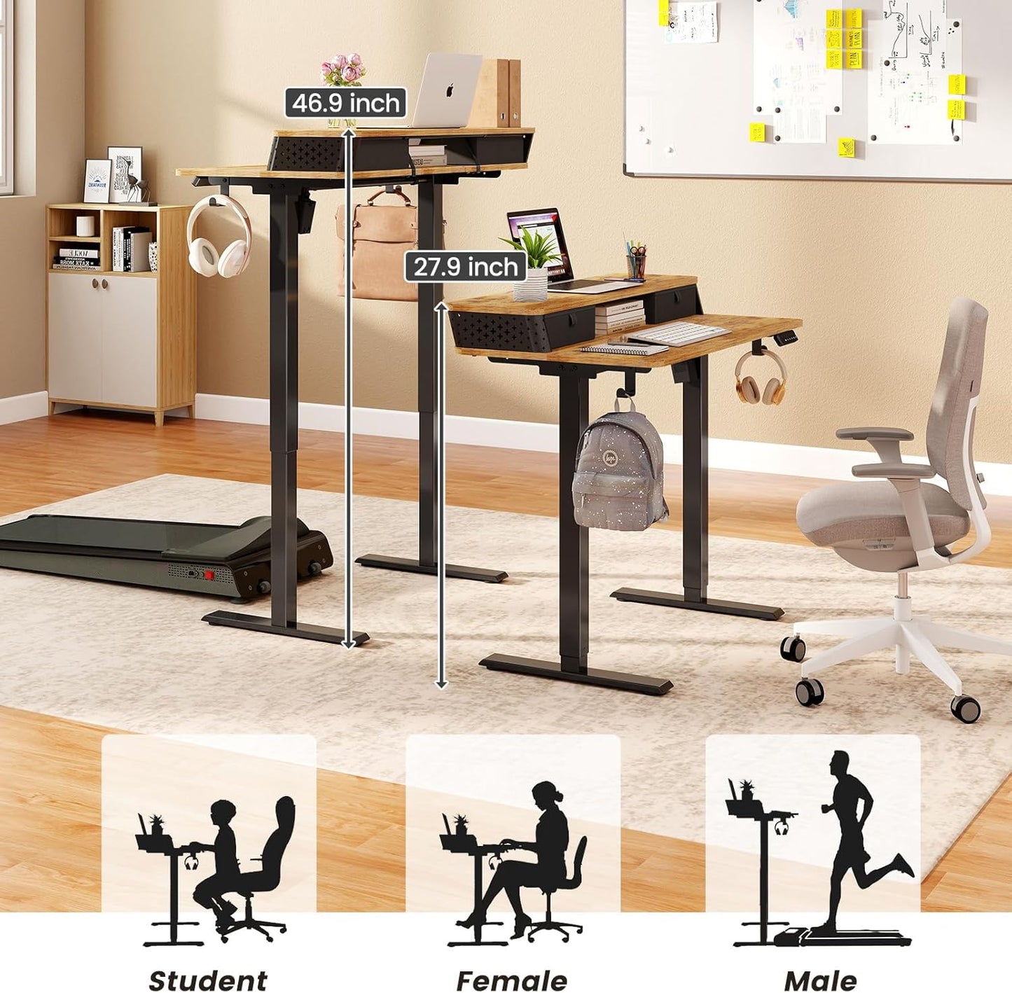 Small Standing Desk With Drawers and Brushless Motor,Electric Sit Stand Desk for Walking Pad,Ergonomic Stand Up Desk for Home Office & Gaming,3 Memory Height Preset & Hooks(35" x 20", Rustic Brown）