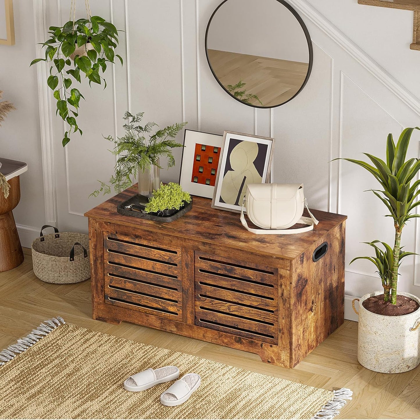 DINZI LVJ Storage Chest, 39.4”Wooden Toy Box with 2 Safety Hinges, Retro Entryway Shoe Storage Bench with Flip-Top, Sturdy Large Storage Trunk for Living Room, Bedroom, Easy Assembly, Rustic Brown