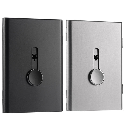 Tatuo 2 Pcs Business Card Holder Thumb Drive Black Gray Stainless Steel Business Name Card Case Portable Slide out Name Holder Wallet Nice Design Pocket for Men and Women