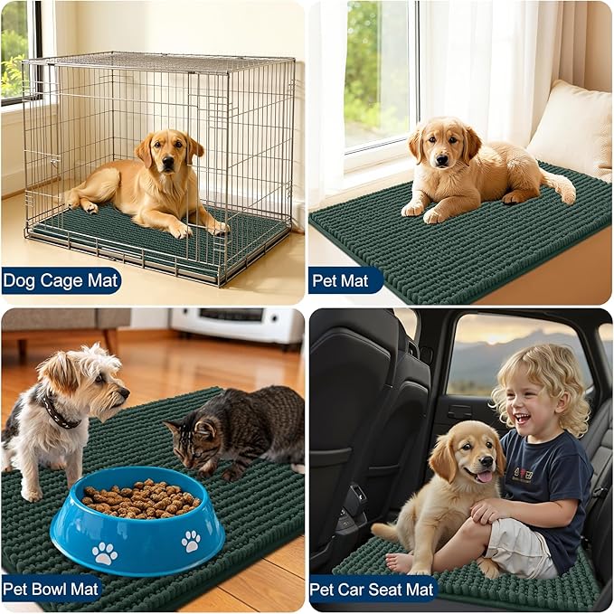 OLANLY Dog Door Mat for Muddy Paws 47x17, Ultra Absorbent Chenille Mud Doormat, Non-Slip Washable and Dirt Trapping Doormat for Indoor Entryway, Quick-Dry Indoor Pet Bed Mats for Dogs, Blackish Green