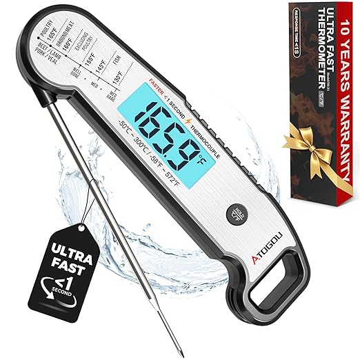Professional Food & Meat Thermometer, 1 Sec Instant Read & ±0.5℉ Accuracy Driven by Thermocouple Sensor. IP67 Waterproof Digital Thermometer for Cooking, BBQ, Grill Gifts for Men Him Dad Birthday