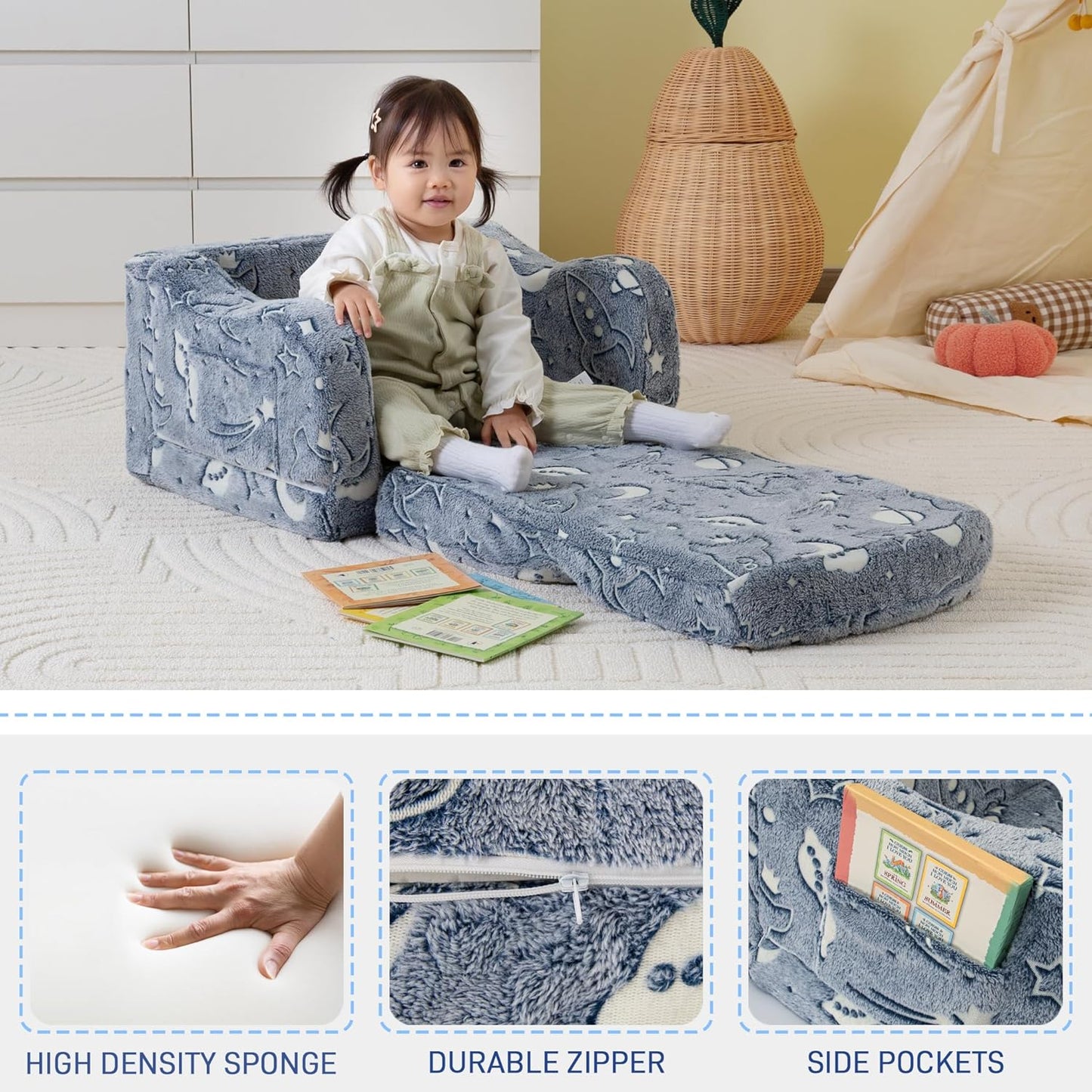 Thick Comfy Toddler Chair and Couch for Kids,2-in-1 Soft Plush Fold Out Sofa for Children,Convertible Couch to Lounger for Toddler