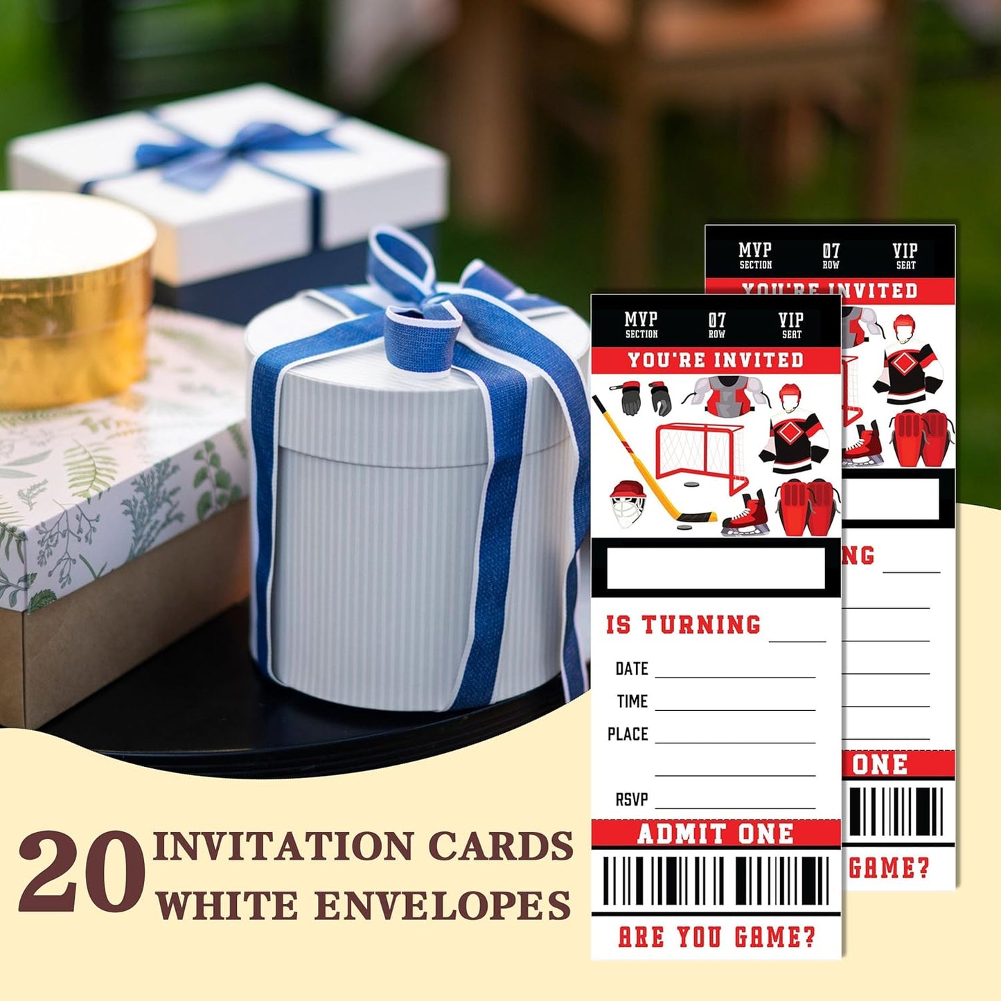 Birthday Cards-20 Ice Hockey Game Ticket Invite Cards-Red and Black Birthday Invitation with Envelopes for Hockey Lovers Boys-Party Favor & Supplies (3×8 inch)-A01