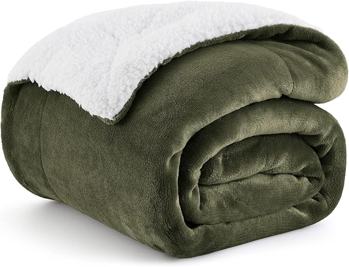 Bedsure GentleSoft Sherpa Fleece Throw Blanket Twin Size for Couch - Thick and Warm Throw for Women and Men, Soft Fuzzy Plush Twin Blanket for Winter, Non-Heated, Olive Green, 60x80 Inches