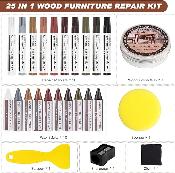 SEISSO Furniture Markers Touch Up, 25 Pcs Wood Furniture Repair Kits, Wood Markers and Wax Sticks with Wax Oil for Scratches Stains Cover-Ups Hardwood Wooden Floors Tables Cabinet Bedposts