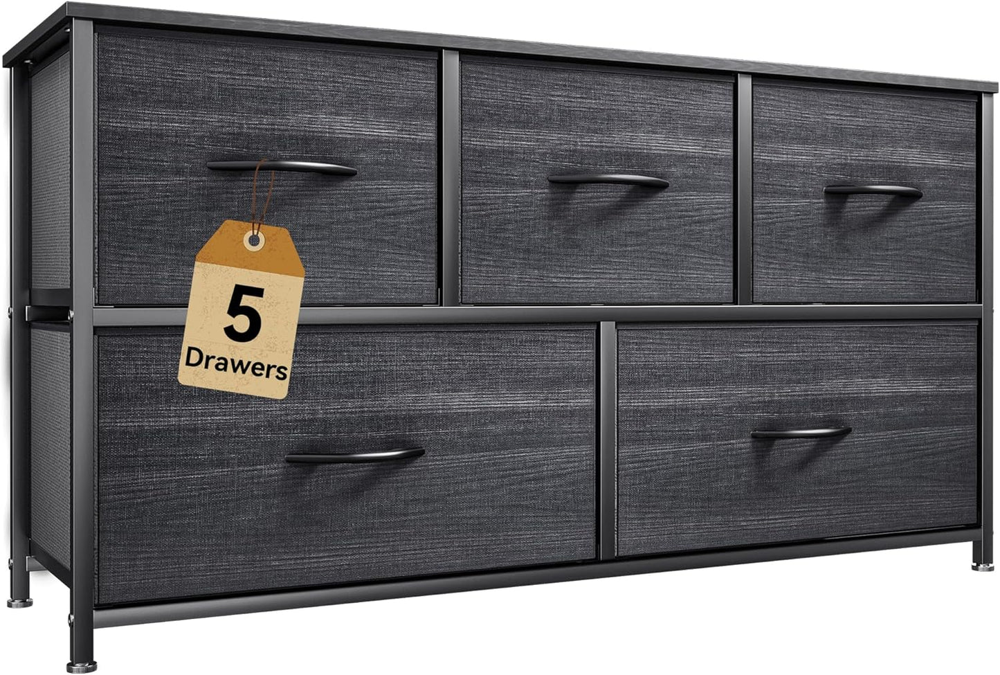 DWVO Dresser with 5 Drawers - Fabric Storage Tower, Organizer Unit for Bedroom, Living Room, Closets - Sturdy Steel Frame, Wooden Top
