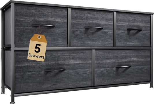 DWVO Dresser with 5 Drawers - Fabric Storage Tower, Organizer Unit for Bedroom, Living Room, Closets - Sturdy Steel Frame, Wooden Top